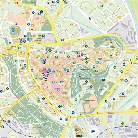 Mapa Olomouce s vyznačenými lokalitami Lazce a centra