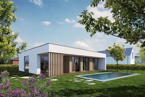 moderní bungalov s velkými okny a plochou střechou