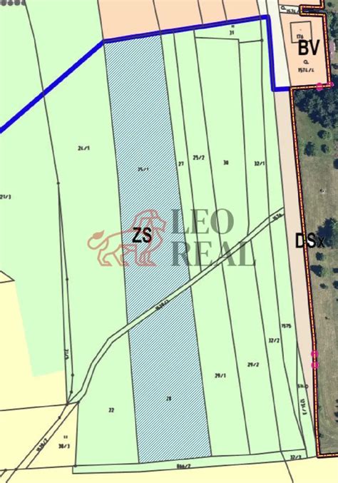 Schéma pozemkových parcel v katastrálním území Bruntál-město s vyznačením dotčených částí.