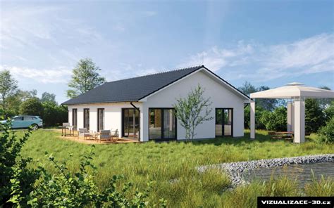 Vizualizace moderního bungalovu s prostornou zastřešenou terasou