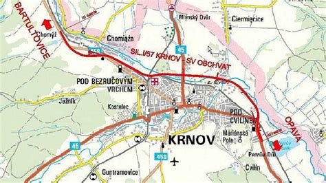 Mapa Krnova a okolních obcí s vyznačenými lokalitami nabízených pozemků
