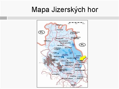 mapa Jizerských hor s vyznačenými obcemi, kde jsou nabízeny pozemky