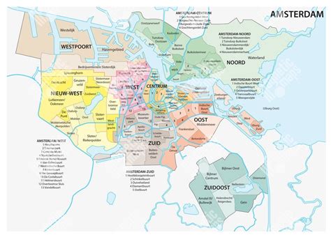 Mapa Amsterdamu s vyznačenými klíčovými čtvrtěmi a nemovitostmi