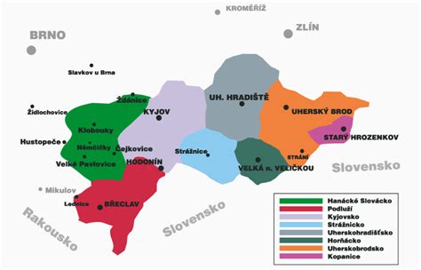 Mapa Slovácka s vyznačeným Uherským Hradištěm