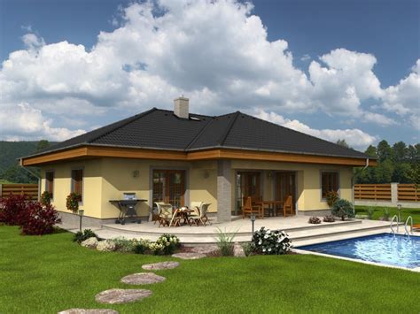 Rodinný dům typu bungalov s valbovou střechou a terasou