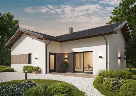 Vizualizace bungalovu s tmavými okny a moderní fasádou.