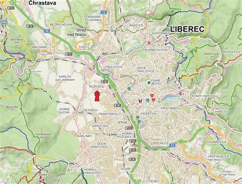 Mapa Liberce s vyznačenými lokalitami Moskevská, Sokolovské náměstí, Doubí a Starý Harcov.