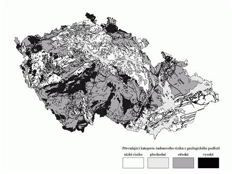 Mapa s vyznačenými oblastmi s vyšším výskytem radonu