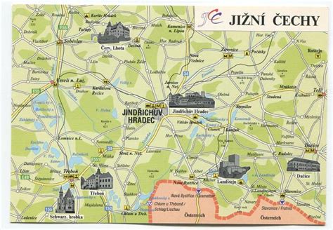 mapa jižních Čech s vyznačenými lokalitami působnosti realitní kanceláře Proxima