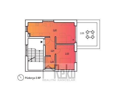 Půdorys bytu 2+kk s terasou a zahrádkou