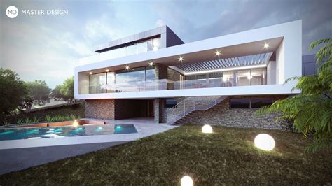 Exteriér luxusní vily s moderní architekturou a upravenou zahradou