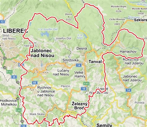Mapa Jablonec nad Nisou a okolí s vyznačenými lokalitami nabízených nemovitostí