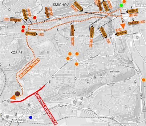 Mapa Kutnohorské ulice s vyznačenými uzavírkami a objízdnými trasami