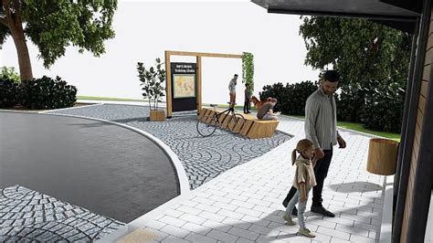 Vizualizace nové restaurační zóny s moderním mobiliářem a zelení