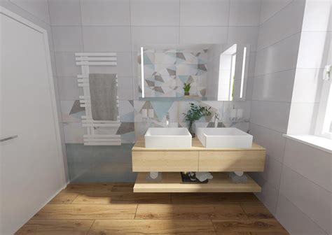 Vizualizace různých stylů obkladů a dlažeb pro moderní koupelnu.