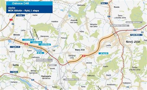 Mapa dálnice D48 s vyznačeným úsekem Nový Jičín - Bělotín