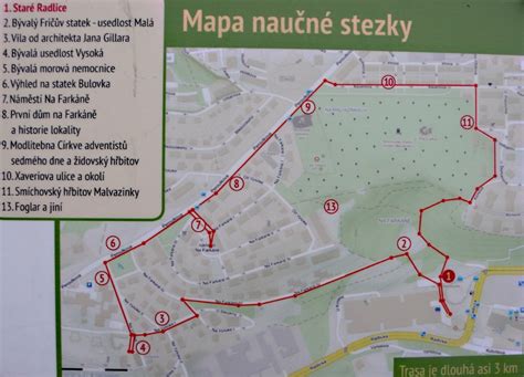 mapa naučné stezky v Thomayerových sadech s vyznačenými body zájmu