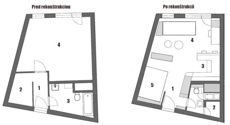 půdorys garsonky po rekonstrukci s diagonálním uspořádáním