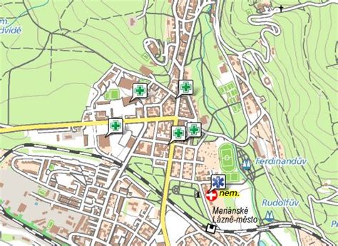 mapa Mariánských Lázní s vyznačenými památkami a lázněmi