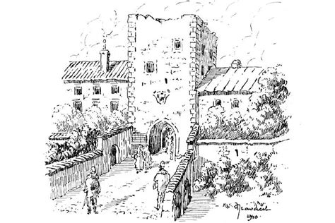 Ilustrace středověkého Hrádku s hradbami a kostelní věží
