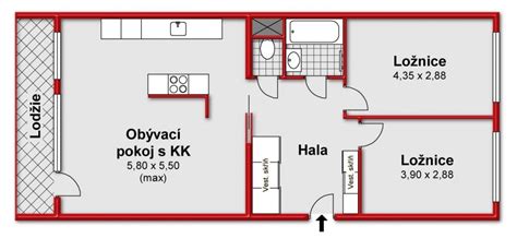 Půdorys typického bytu 3+1 s vyznačením pokojů, kuchyně, sociálního zařízení a lodžie