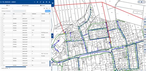Mapa s vyznačením různých typů inženýrských sítí (voda, plyn, elektřina, kanalizace) v urbanistickém prostředí