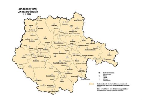 Mapa okresu České Budějovice s vyznačenými obcemi