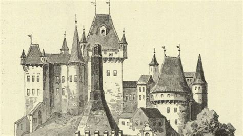 Ilustrace středověkého hradu a venkovské usedlosti