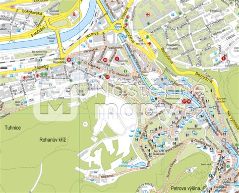 Mapa Karlových Varů s vyznačenou ulicí Závodu Míru