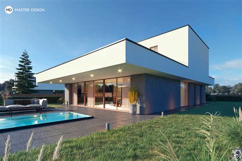 příklad moderního domu s velkými okny a rovnou střechou