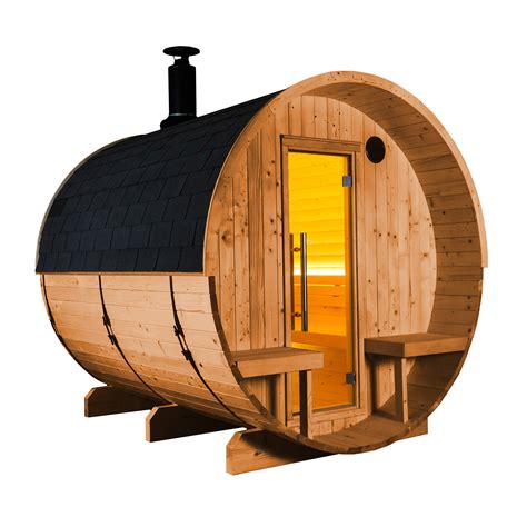 Půdorys moderní hranaté sudové sauny s terasou a oddělenou šatnou.