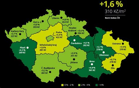 Mapa ukazující průměrné ceny nájmů v různých lokalitách ČR.