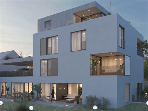 Vizualizace moderního bytového domu s balkony a terasami