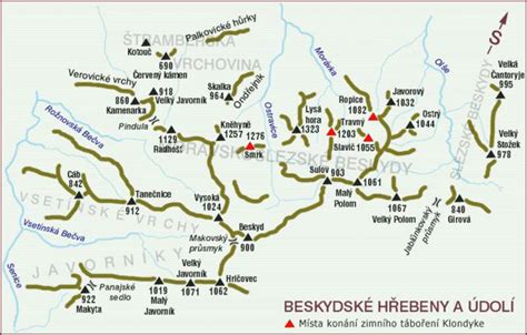 mapa Beskyd s vyznačenými oblíbenými turistickými cíli a obcemi