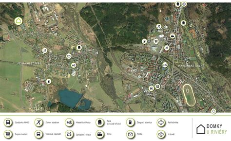 Mapa okolí bytu 1+kk v Bolevci s vyznačením občanské vybavenosti a přírodních lokalit