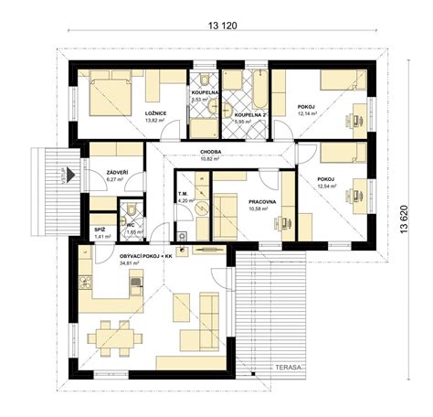 půdorys bungalovu s vyznačenými místnostmi