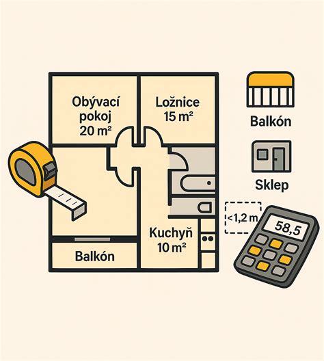 Schéma znázorňující rozdíl mezi podlahovou, užitnou a obytnou plochou bytu
