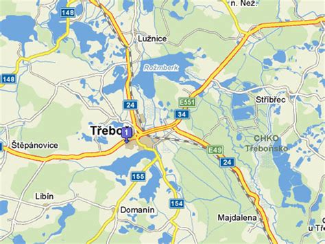 mapa Třeboně s vyznačenými lokalitami bytů k pronájmu