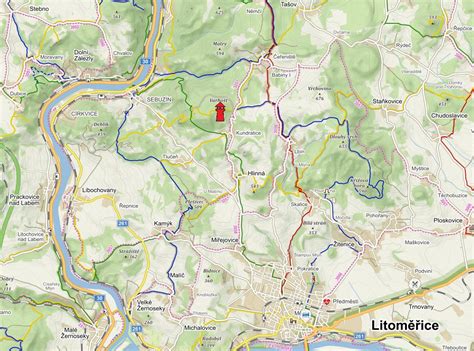 mapa okolí Křešic a Litoměřic s vyznačenými kopci Českého středohoří a řekou Labem
