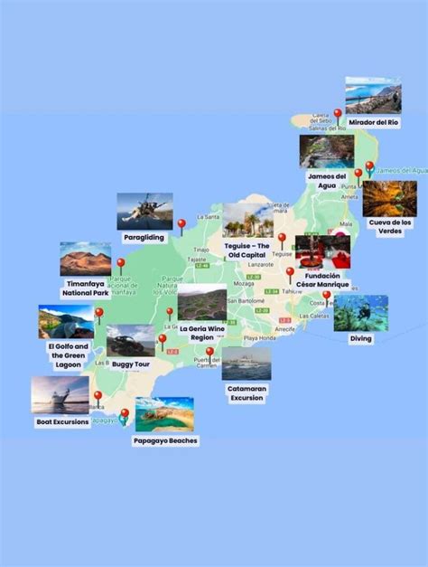Mapa ostrova Lanzarote s vyznačenými hlavními městy a turistickými atrakcemi