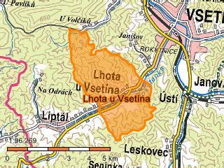 Mapa Vsetína a okolních obcí s vyznačenými lokalitami nabízených nemovitostí