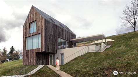 Render domu na svahu s oddělenými křídly a výhledem do krajiny