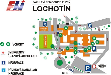 Mapa Plzně s vyznačenými lokalitami Fakultní nemocnice Plzeň (Lochotín a Bory)