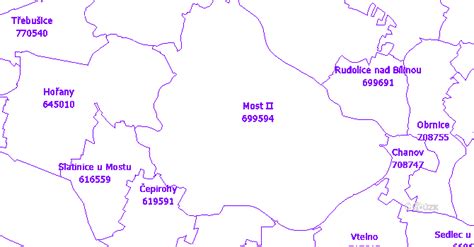 Mapa katastrální oblasti Most s vyznačenými parcelami