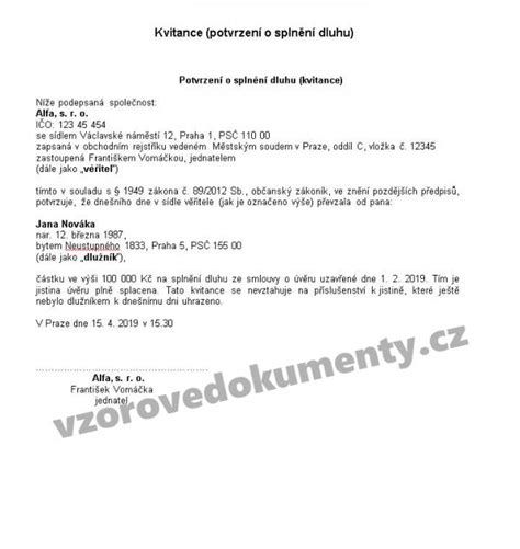 Ukázka formuláře kvitance nebo potvrzení o splacení dluhu.