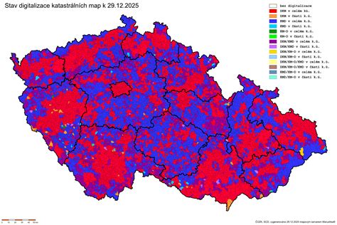 infografika ukazující procento pokrytí území ČR digitální katastrální mapou