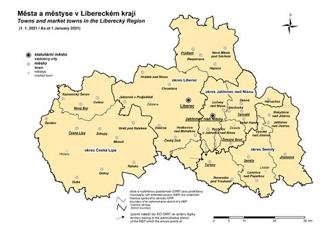 mapa Libereckého kraje s vyznačenými okresními městy