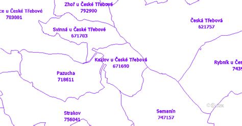 Mapa České Třebové s vyznačenými lokalitami nabízených nemovitostí