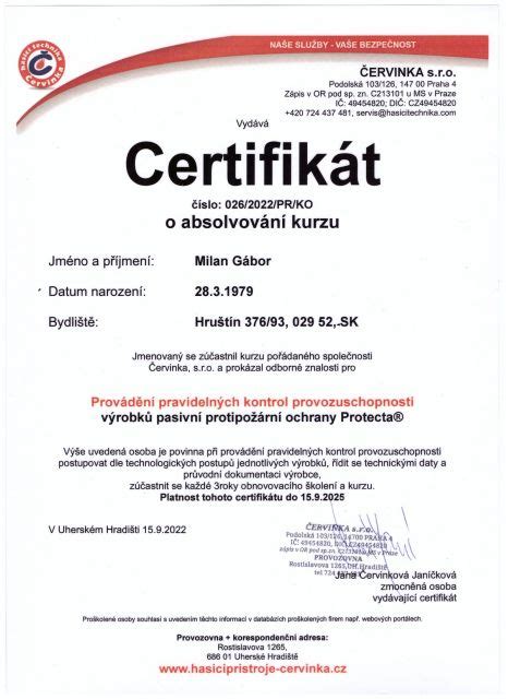 Certifikát o kontrole a revizi vysokozdvižné plošiny.