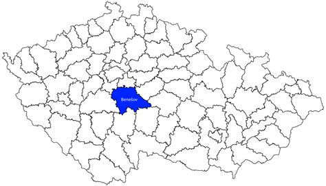 Mapa okresu Benešov s vyznačenými obcemi s nabídkou bytů k pronájmu